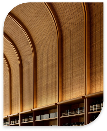 Arched timber ceiling over retail shelving