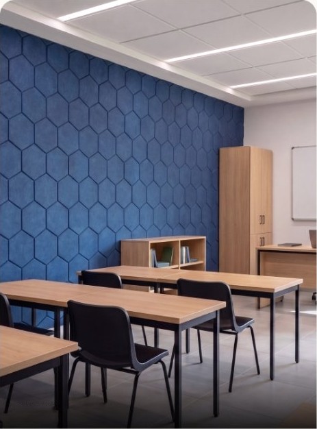 Classroom with blue hexagon panels